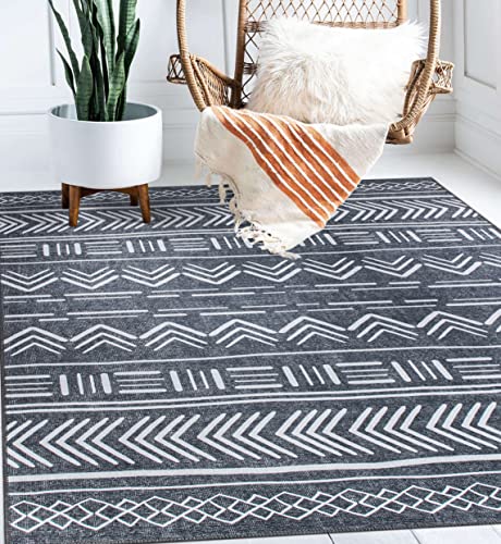 Rugshop Contemporary Geometric Bohemian Stain Resistant Flat Weave Eco Friendly Premium Recycled Machine Washable Area Rug 7'7"x9'6" Dark Gray