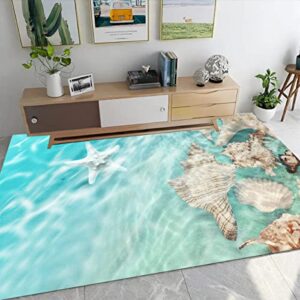teal ocean beach theme shell and starfish area rug for bedroom playroom living room washable soft funky cute dining room carpet indoor no-slip hallway kitchen bathroom rug 3×8
