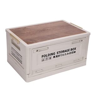 foldable plastic storage bin with wooden lid foldable and stackable storage box, organizer for outdoor camping, home and office, store picnic supplies, books, snacks and more
