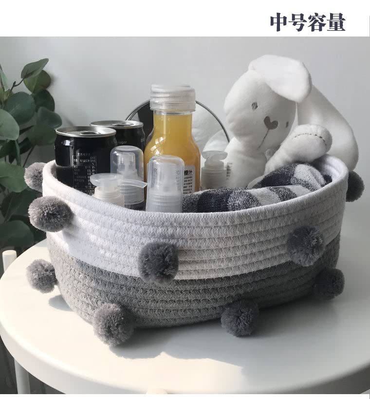 Cotton Woven Storage Basket Cute Pompom, Cotton Rope Handwoven Toy Storage Basket Round Snack Key Sundries Storage basket Student Living Room Bedroom Table Top