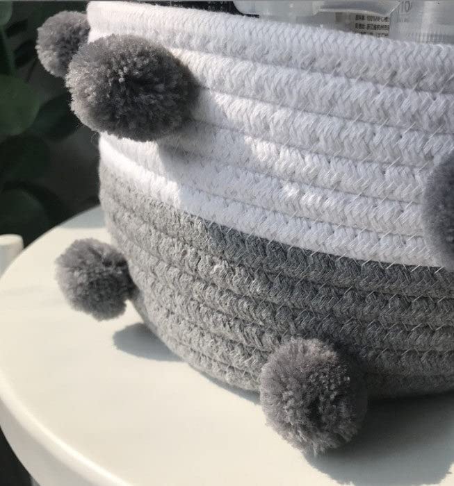 Cotton Woven Storage Basket Cute Pompom, Cotton Rope Handwoven Toy Storage Basket Round Snack Key Sundries Storage basket Student Living Room Bedroom Table Top