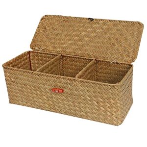 feilanduo seagrass storage basket with lid hand woven wicker shelf baskets rectangular small storage box for desktop organizing (natural 3 sections with lid)