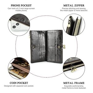 Contact's Kiss Lock Wallet for Women Leather Clutch Wallet Vintage Coin Purse RFID Wallet Bifold Brown Card Phone Holder