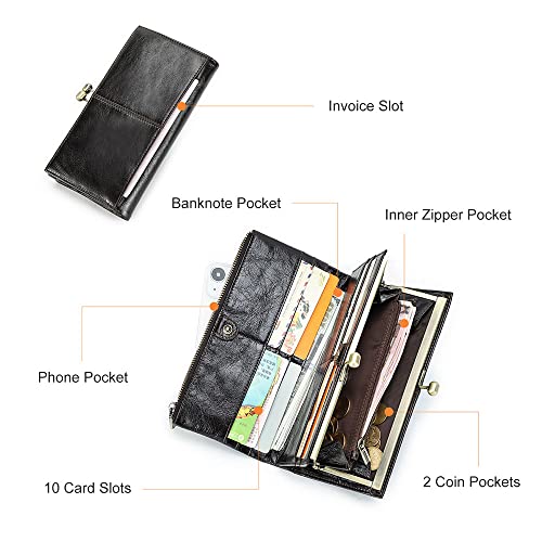 Contact's Kiss Lock Wallet for Women Leather Clutch Wallet Vintage Coin Purse RFID Wallet Bifold Brown Card Phone Holder