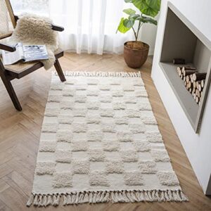 lahome boho living room rug, 3×5 checkered bath entryway rug farmhouse washable kitchen rug with tassels, non-shedding beige throw rug tufted woven rug for bedroom dressing room office