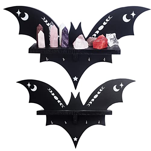 SEREIINO Bat Shelf - Spooky Goth Hanging Shelf with Hooks for Oddities and Curiosities - Gothic Halloween Wall Decor for Kitchen and Bedroom - Crystal Shelf for Display - Witchy Gifts for Women