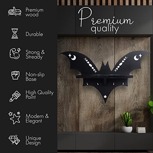 SEREIINO Bat Shelf - Spooky Goth Hanging Shelf with Hooks for Oddities and Curiosities - Gothic Halloween Wall Decor for Kitchen and Bedroom - Crystal Shelf for Display - Witchy Gifts for Women