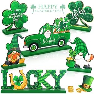 6 pieces st. patrick’s day table sign decoration happy irish lucky table centerpiece signs shamrock gnome wood sign leprechaun table decorations signs for st patrick’s day home party decor