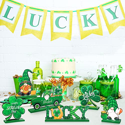 6 Pieces St. Patrick's Day Table Sign Decoration Happy Irish Lucky Table Centerpiece Signs Shamrock Gnome Wood Sign Leprechaun Table Decorations Signs for St Patrick's Day Home Party Decor