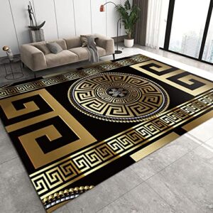 retro black gold greek key area rug, non slip noise reduction kids rugs, machine washable durable carpet for indoor living room bedroom office decor mat – 4′ by 6′