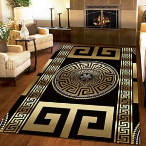 Retro Black Gold Greek Key Area Rug, Non Slip Noise Reduction Kids Rugs, Machine Washable Durable Carpet for Indoor Living Room Bedroom Office Decor Mat - 4' by 6'