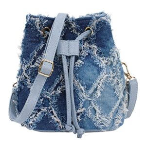 hyuyikuwol women denim mini bucket shoulder crossbody bag drawstring quilted distressed tassel barrel shape satchel purse, blue