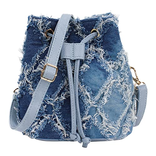 Hyuyikuwol Women Denim Mini Bucket Shoulder Crossbody Bag Drawstring Quilted Distressed Tassel Barrel Shape Satchel Purse, Blue
