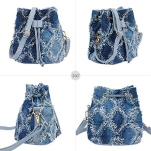 Hyuyikuwol Women Denim Mini Bucket Shoulder Crossbody Bag Drawstring Quilted Distressed Tassel Barrel Shape Satchel Purse, Blue