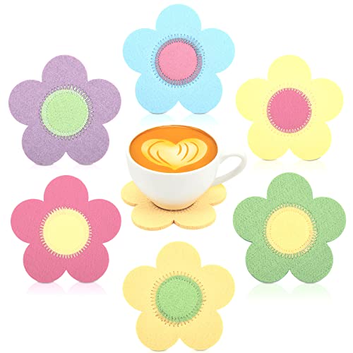 6 Pieces Danish Pastel Flower Coasters Aesthetic Cute Preppy Coasters Danish Pastel Room Decor Drinks Coffee Table Gift for Home, Green Pink Purple Orange Blue and Yellow, 3.7 Inches