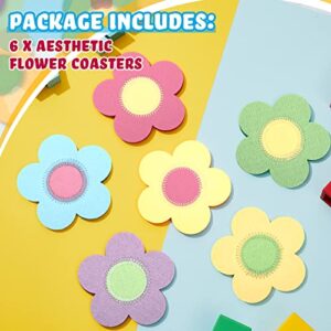 6 Pieces Danish Pastel Flower Coasters Aesthetic Cute Preppy Coasters Danish Pastel Room Decor Drinks Coffee Table Gift for Home, Green Pink Purple Orange Blue and Yellow, 3.7 Inches