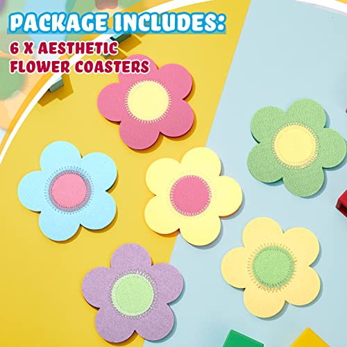 6 Pieces Danish Pastel Flower Coasters Aesthetic Cute Preppy Coasters Danish Pastel Room Decor Drinks Coffee Table Gift for Home, Green Pink Purple Orange Blue and Yellow, 3.7 Inches