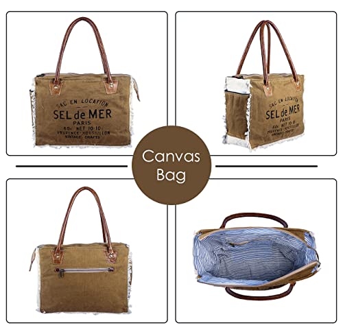 VINTAGE CRAFTS Bags Sel De Mer Upcycled Canvas Hand Bag Upcycled Canvas & Cowhide Tote Bag Radiant Leather Bag