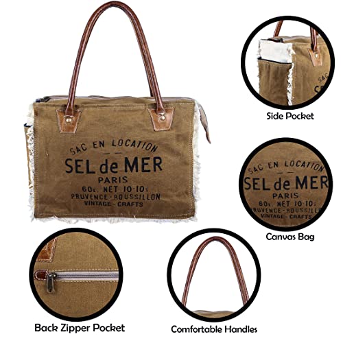 VINTAGE CRAFTS Bags Sel De Mer Upcycled Canvas Hand Bag Upcycled Canvas & Cowhide Tote Bag Radiant Leather Bag