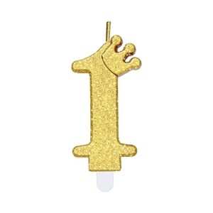 3.35inch birthday number candle, 0-9 3d candle cake topper with crown numeral cake candles glitter number candles for birthday cake anniversary parties(gold; 1)