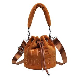 qiayime bucket bag for women, mini shoulder bag purses soft plush top-handle crossbody bucket bag drawstring handbag hobo bag (brown)