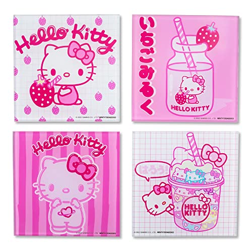 Sanrio Hello Kitty Strawberry Milk Glass Coasters for Drinks, Set of 4 | Tabletop Protection For Home Kitchen, Dining Room Table