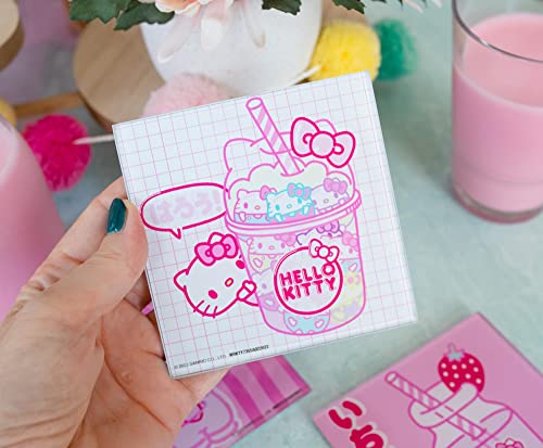 Sanrio Hello Kitty Strawberry Milk Glass Coasters for Drinks, Set of 4 | Tabletop Protection For Home Kitchen, Dining Room Table