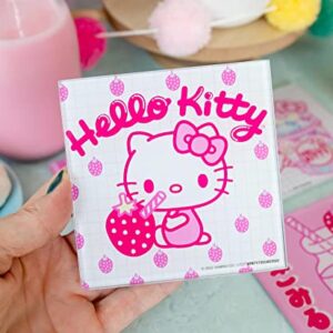 Sanrio Hello Kitty Strawberry Milk Glass Coasters for Drinks, Set of 4 | Tabletop Protection For Home Kitchen, Dining Room Table