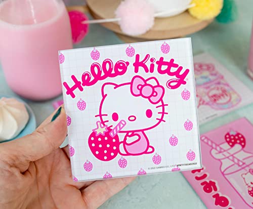 Sanrio Hello Kitty Strawberry Milk Glass Coasters for Drinks, Set of 4 | Tabletop Protection For Home Kitchen, Dining Room Table