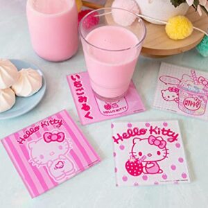 Sanrio Hello Kitty Strawberry Milk Glass Coasters for Drinks, Set of 4 | Tabletop Protection For Home Kitchen, Dining Room Table