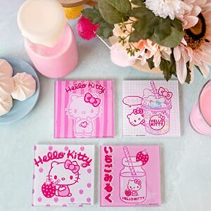 Sanrio Hello Kitty Strawberry Milk Glass Coasters for Drinks, Set of 4 | Tabletop Protection For Home Kitchen, Dining Room Table