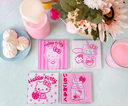 Sanrio Hello Kitty Strawberry Milk Glass Coasters for Drinks, Set of 4 | Tabletop Protection For Home Kitchen, Dining Room Table