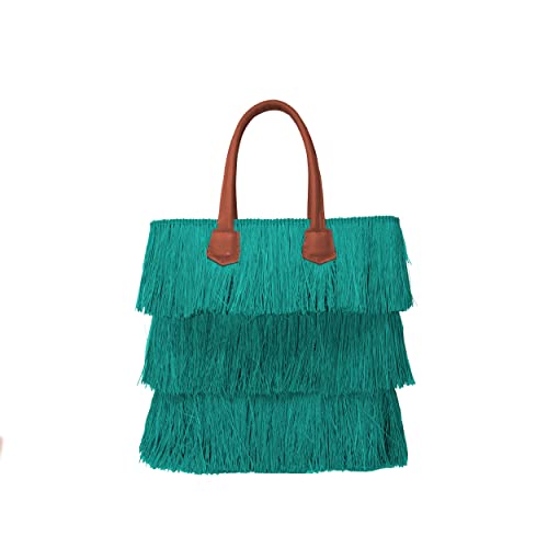 SENSI STUDIO, Frayed Straw Tote with Leather Handles, Turquoise Straw/Camel Leather