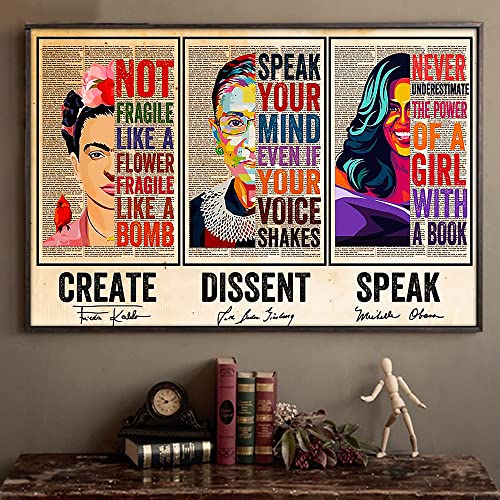 Schian Feminist Wall Art Poster Home Decor - Ruth Bader Ginsburg, RBG, Michelle Obama, Frida - Creat, Dissent, Speak - Powerful Women, Women Speak, Womens Rights - Unframed(18x12 inches)