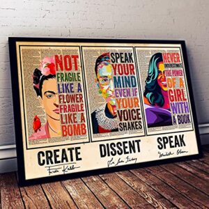 Schian Feminist Wall Art Poster Home Decor - Ruth Bader Ginsburg, RBG, Michelle Obama, Frida - Creat, Dissent, Speak - Powerful Women, Women Speak, Womens Rights - Unframed(18x12 inches)