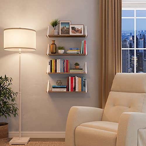 Wallniture Bora 24"x6" Rustic Floating Shelves, Wall Bookshelf Living Room Decor, Wall Shelves for Bedroom Decor, Bathroom Shelf Unit, Wall Mounted Floating Shelf for Kitchen Burnt Set of 4