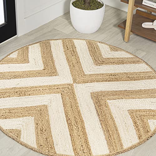 JONATHAN Y RNF111A-6R Piper Two-Tone Chevron Round Jute Indoor Area-Rug, Cottage, Modern, Vintage Easy-Washing,Bedroom,Kitchen,Living Room,Non Shedding, Black/Natural, 6' Round