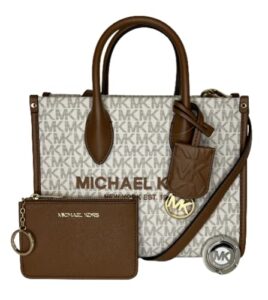 michael kors mirella small shopper top zip bag bundled sm tz coinpouch purse hook (vanilla/luggage)