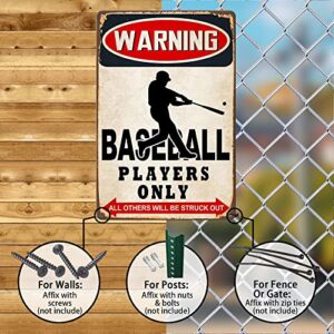 Baseball Decor Tin Sign,Warning Baseball Players Only All Others Will Be Struck Out Tin Sign Baseball Decorations for Boys Room Baseball Poster for Bedroom Tin Sign Sports Signs Wall Art Decor(8×12 inch)