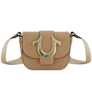 true religion women’s crossbody bag, mini flap adjustable shoulder handbag with horseshoe logo, tan