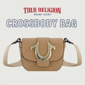 True Religion Women's Crossbody Bag, Mini Flap Adjustable Shoulder Handbag with Horseshoe Logo, Tan