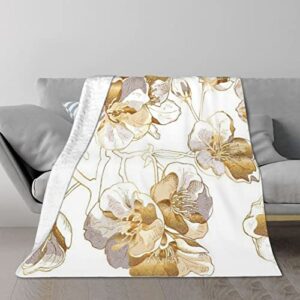 blanket,silver white with light gold cherry flowers black sakura floral,throw blanket lightweight soft warm blanket flannel fleece blankets for couch living room 80″x60″