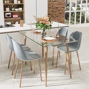 tangkula 5 pieces dining room table set, modern table & chair set for 4, 4 grey fabric dining chairs with glass dining table for small living room, kitchen