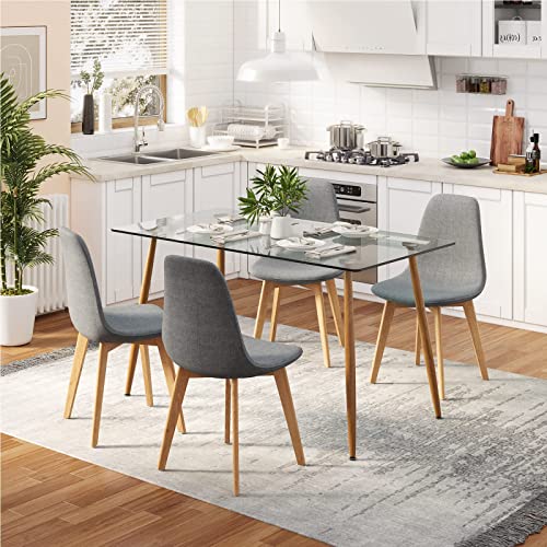 Tangkula 5 Pieces Dining Room Table Set, Modern Table & Chair Set for 4, 4 Grey Fabric Dining Chairs with Glass Dining Table for Small Living Room, Kitchen