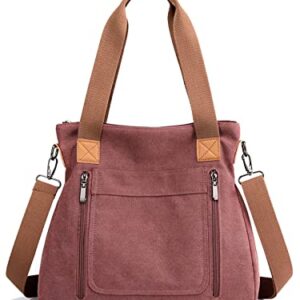 Nanwansu Women's Vintage Canvas Handbag Shoulder bags Multi-Pocket Tote Crossbody Satchel Bags Burgundy