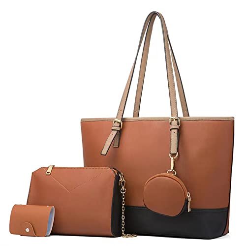 Large Tote Bag for Women Corssbody PU Leather Handbag Pruses Shoulder Bag with Card Holder for Work, Travel, Business 4pcs