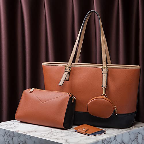 Large Tote Bag for Women Corssbody PU Leather Handbag Pruses Shoulder Bag with Card Holder for Work, Travel, Business 4pcs