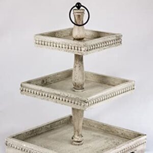 KEFO Three Tiered Beaded Tray Decor Stand - 12 x 18 Inch Large White Wooden 3 Tiered Tray Stand - Decorative Rustic Distressed 3 Tier Tray Decor Table Centerpiece - Tiered Serving Tray for Home Decor