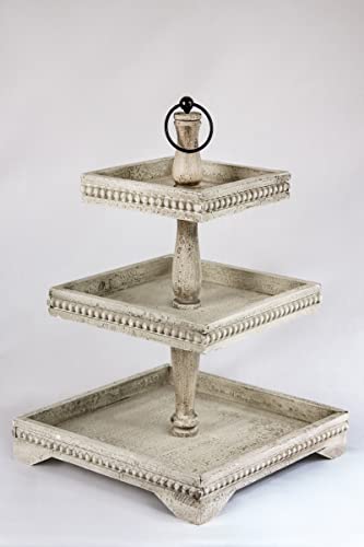 KEFO Three Tiered Beaded Tray Decor Stand - 12 x 18 Inch Large White Wooden 3 Tiered Tray Stand - Decorative Rustic Distressed 3 Tier Tray Decor Table Centerpiece - Tiered Serving Tray for Home Decor