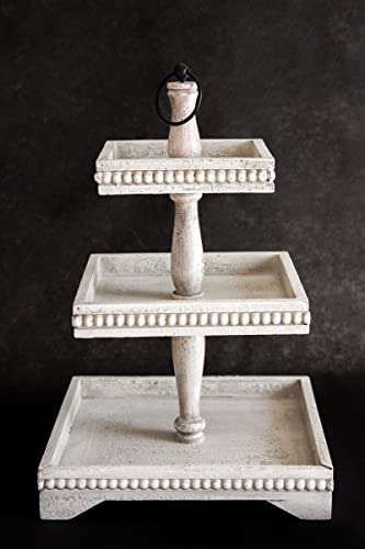 KEFO Three Tiered Beaded Tray Decor Stand - 12 x 18 Inch Large White Wooden 3 Tiered Tray Stand - Decorative Rustic Distressed 3 Tier Tray Decor Table Centerpiece - Tiered Serving Tray for Home Decor